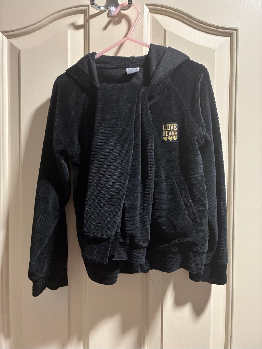Love Black Plush Hooded Zip Sweatshirt with Gold 'LOVE' Accent